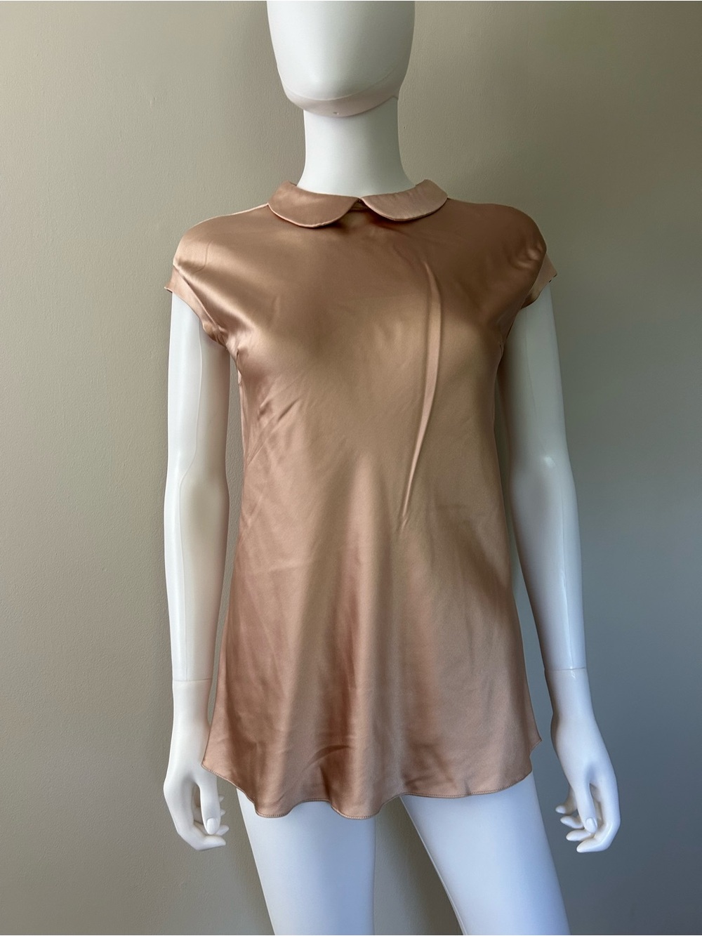 Brunello Cucinelli XS Silk Satin Almond Butter Peter Pan Collar Top Italy